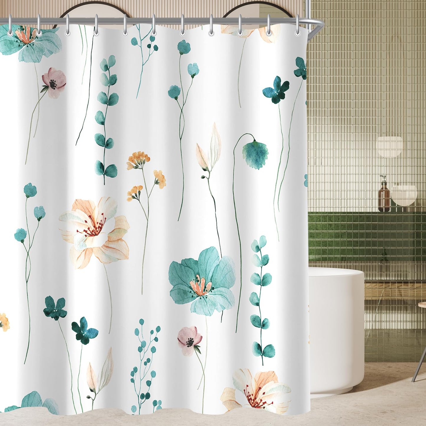 Lerores Shower Curtain, 120 x 200 cm, Teal Flower, Weighted Hem, Anti-Mould, Water-Repellent, Washable Polyester Bath Curtains with 8 Eyelets and
