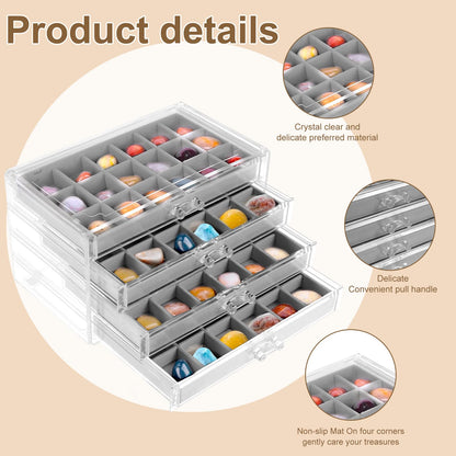 Rock Display Case ,4 Drawers Rock Collection Box 72 Grids Rock Collection Display Case Clear Crystals Display Case Gemstone Display Case Rock Case