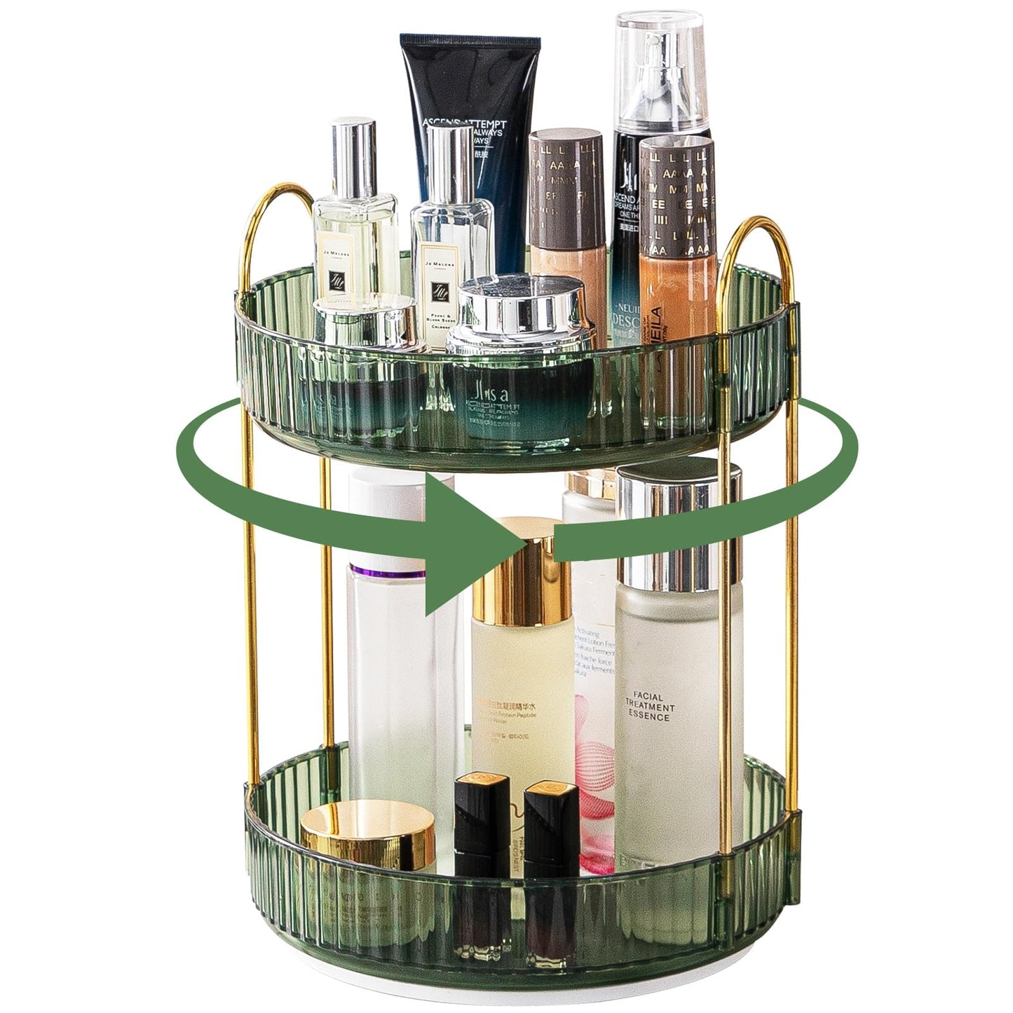 CESTATIVO Makeup Organiser for Vanity, 360? Rotating Countertop, High-Capacity Skincare & Cosmetics Organiser for Bathroom (2 Tiers, Green)