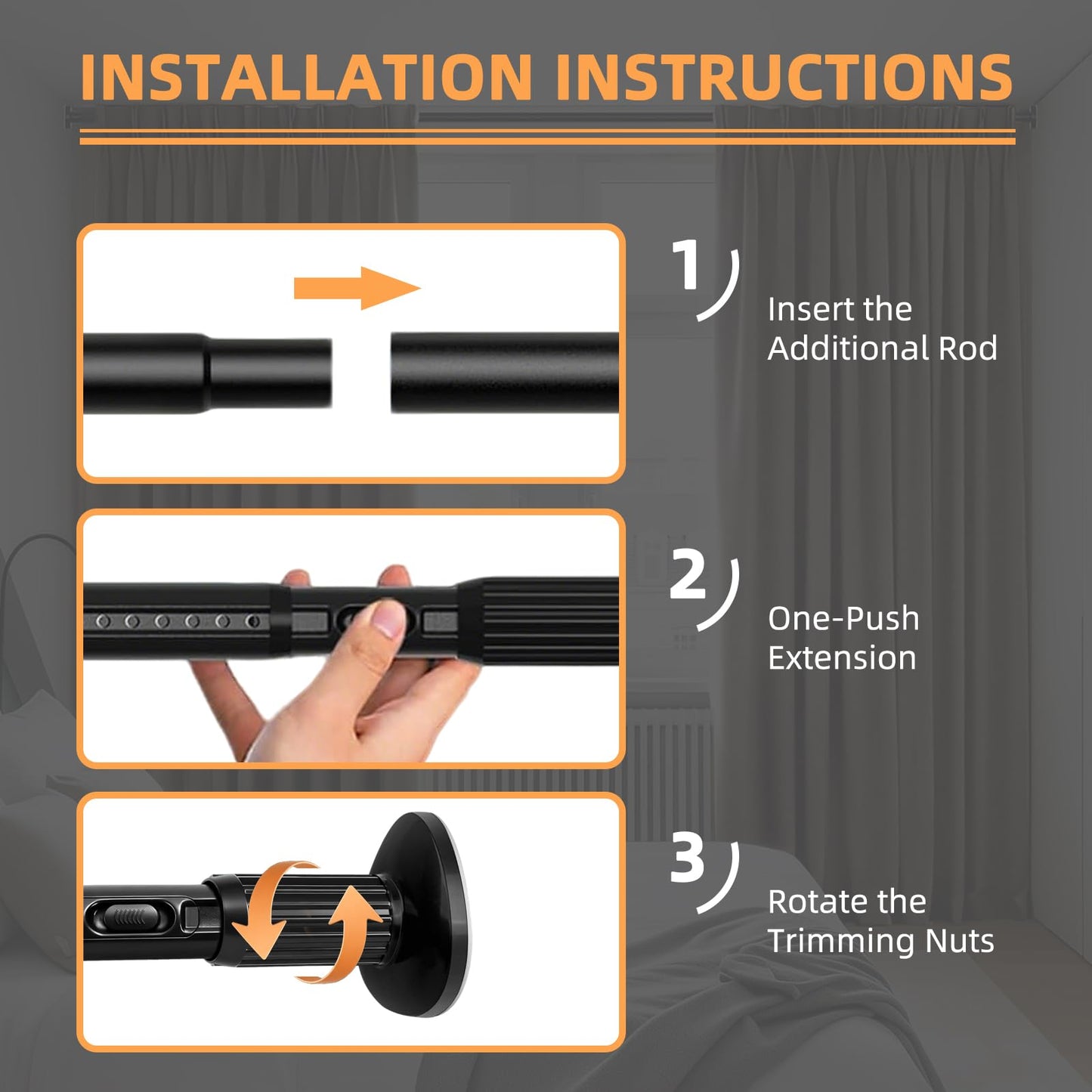 Shower Curtain Pole 100-262cm,Heavy Duty Tension Rod, Black