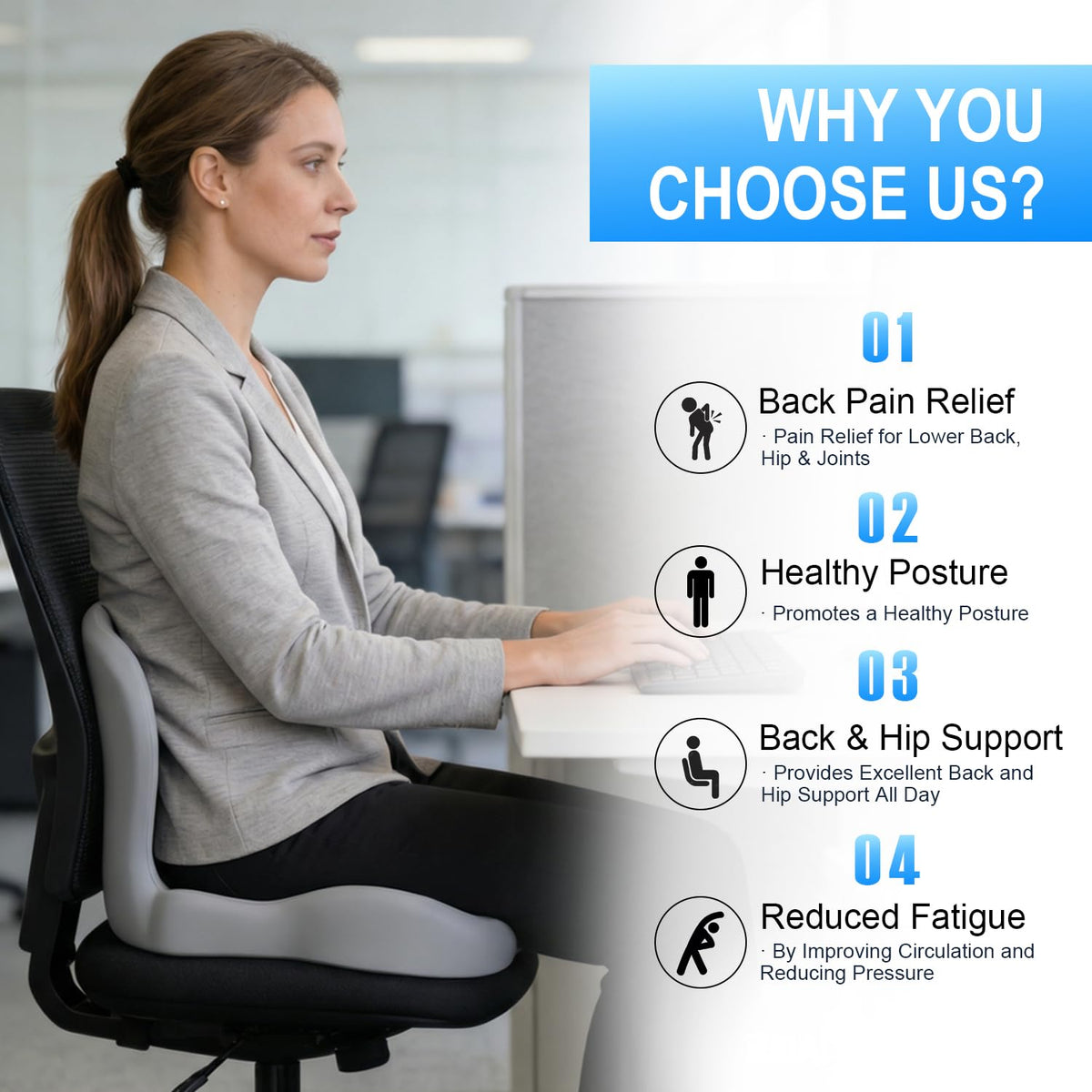 Gresonic Ergonomic Memory Foam Seat Cushion, For Office, Car, Gaming & Dining Chairs, Sciatica, Tailbone & Coccyx Pain Relief