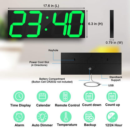 CHKOSDA Digital Wall Clock, 18" Large Wall Clock, Led Wall Clock with Countdown Timer, Calendar, Thermometer, 12/24H, Adjustable Brightness, Wall