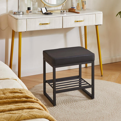 Aibiju Stool Chair for Dressing Table, Faux Leather Small Makeup Bench for Vanity, PU Seat Vanity Stool for Bedroom Living Room, Black YD-JD150B