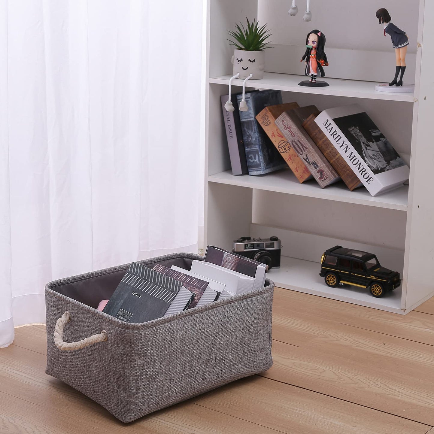 PWVMWM Fabric Grey Storage Boxes with Handles, Small Canvas Storage Basket for Cupboards, Shelves, Toys, Clothes, Office (grey, small)