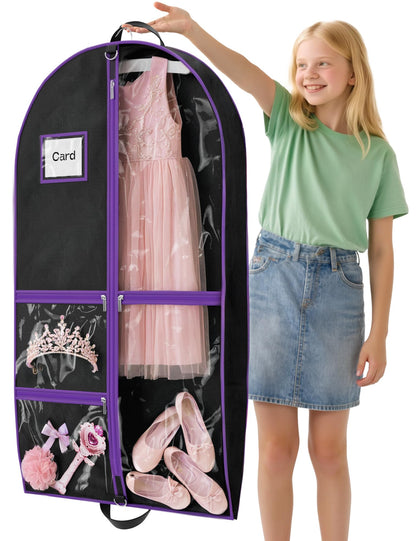 Costume Garment Bags for Dancers, Garment Bags with 3 Clear Zipper Pockets, Clothes Covers Protector Bags for Suits, Travel & Sports Jersey