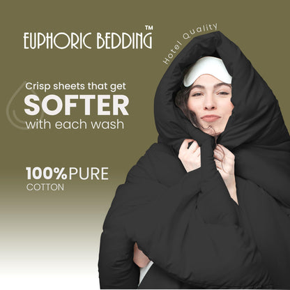 Euphoric Gifts 100% Pure Cotton (Egyptian Cotton) SINGLE Duvet Cover Bed Set in Plain Black  includes duvet cover, fitted sheet & pillowcases