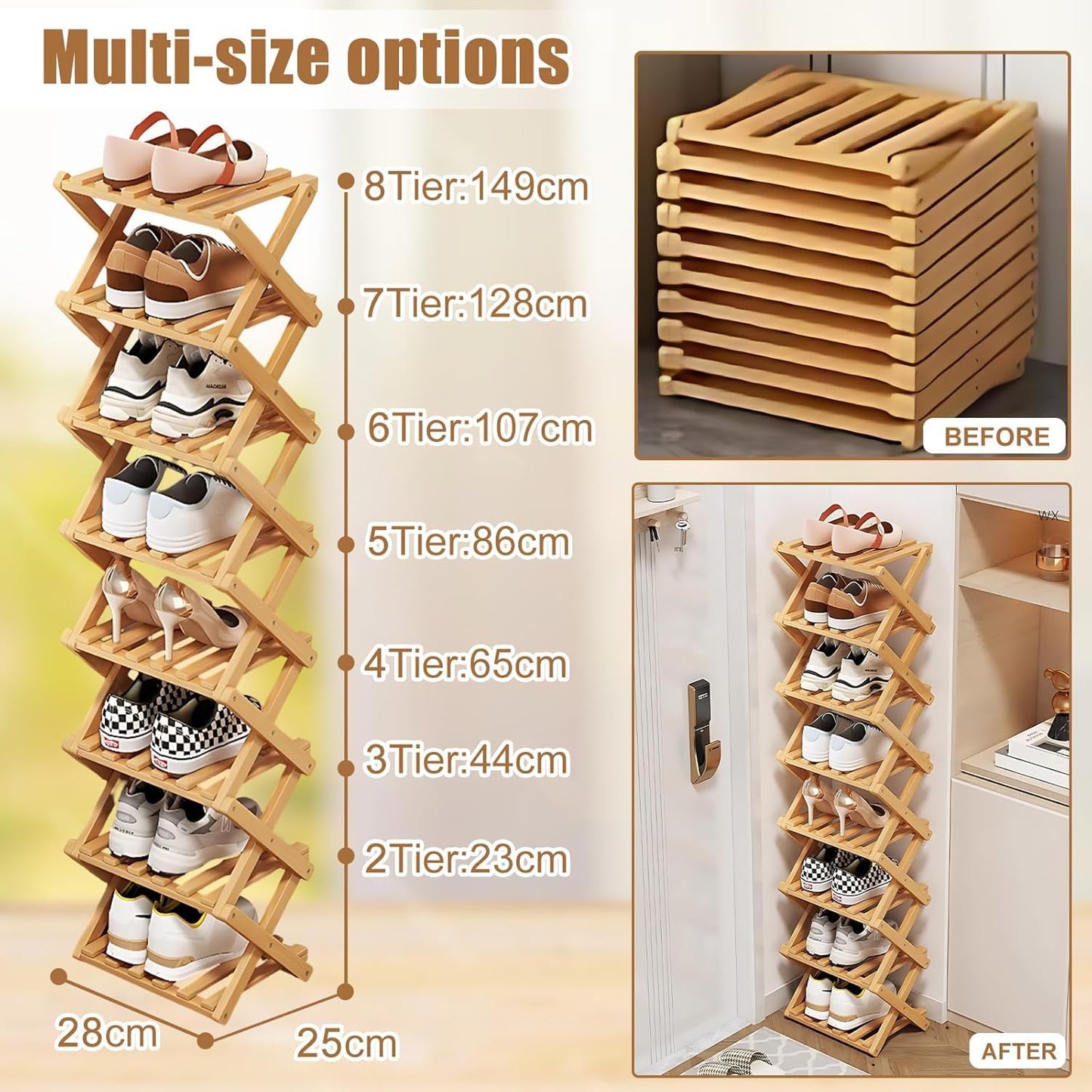 Kiss Me 4-Tier Foldable Bamboo Shoe Rack Vertical Narrow Entryway Organizer