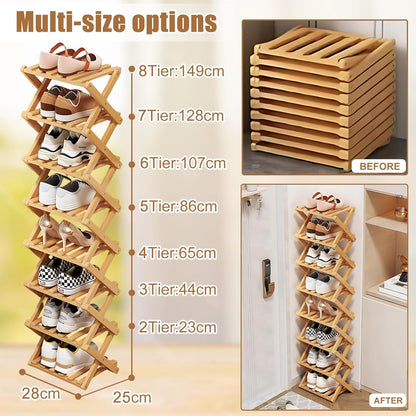 Kiss Me 4-Tier Foldable Bamboo Shoe Rack Vertical Narrow Entryway Organizer
