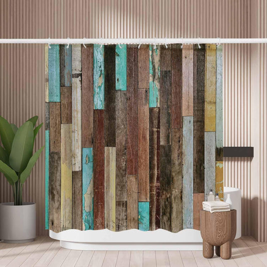 Woutay Shower Curtain Mould Proof Resistant Worn Wooden Boards,Water Repellant Fabric,Polyester,with 12 Plastic Hooks