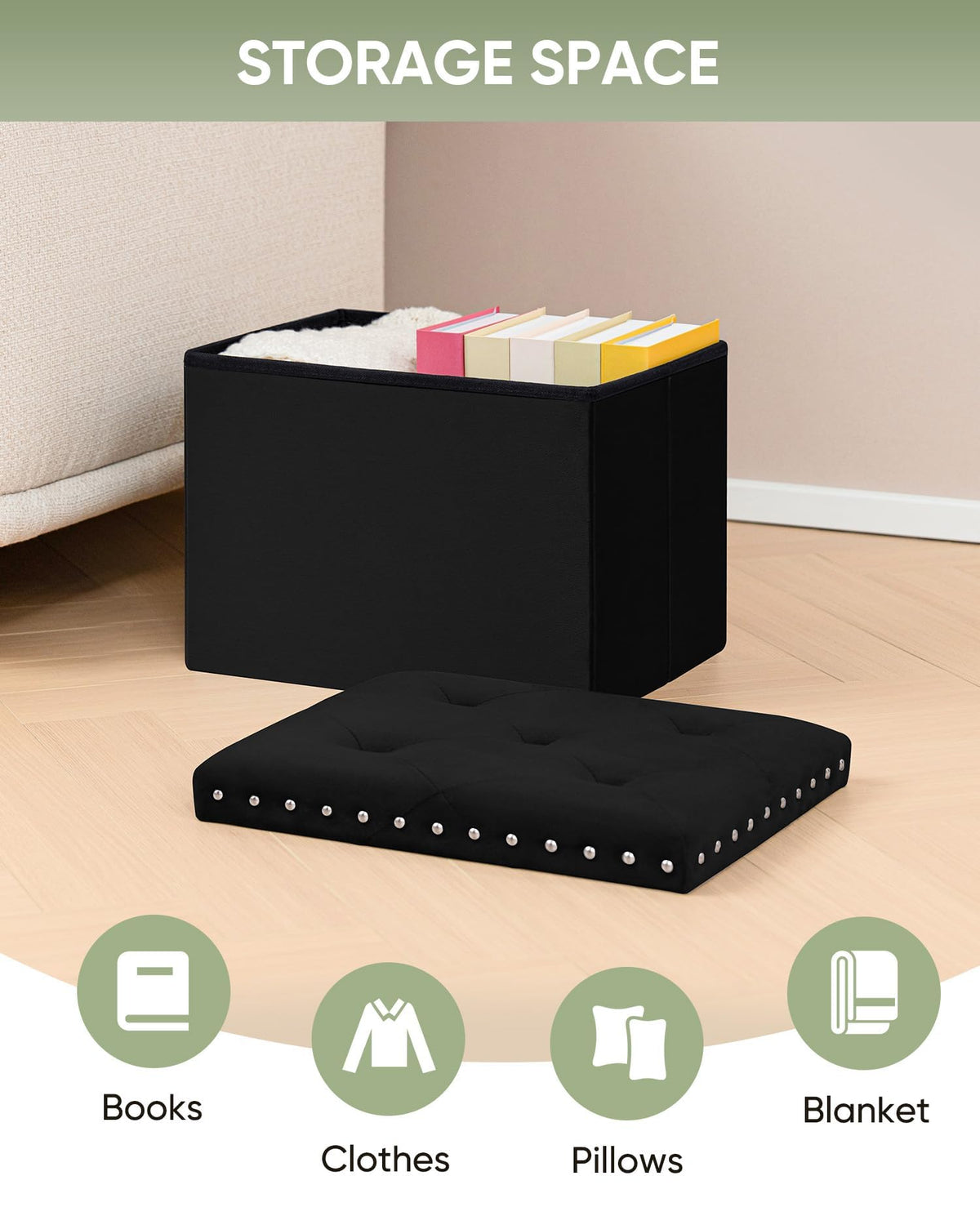 Bonlife Velvet Ottoman with Storage,Small Storage Boxes with Lids,Folding Ottoman Seat,Footstool for Living Room,42x32x32cm,Black