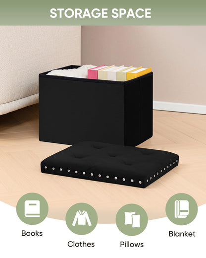 Bonlife Velvet Ottoman with Storage,Small Storage Boxes with Lids,Folding Ottoman Seat,Footstool for Living Room,42x32x32cm,Black