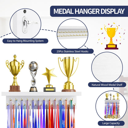 DSVENROLY Medal Holder Trophy Shelf Organizer, 25 Golden Hooks, White
