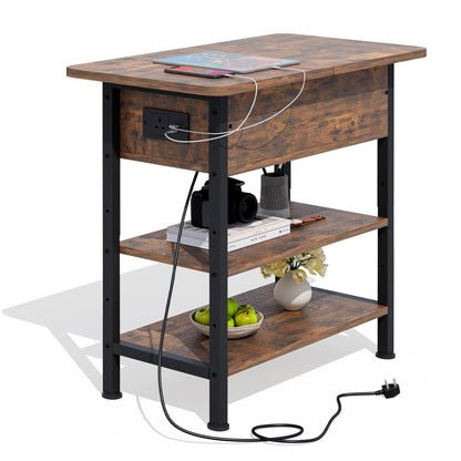 Side Table with Charging Station, Small Flip Top Narrow Sofa End Table