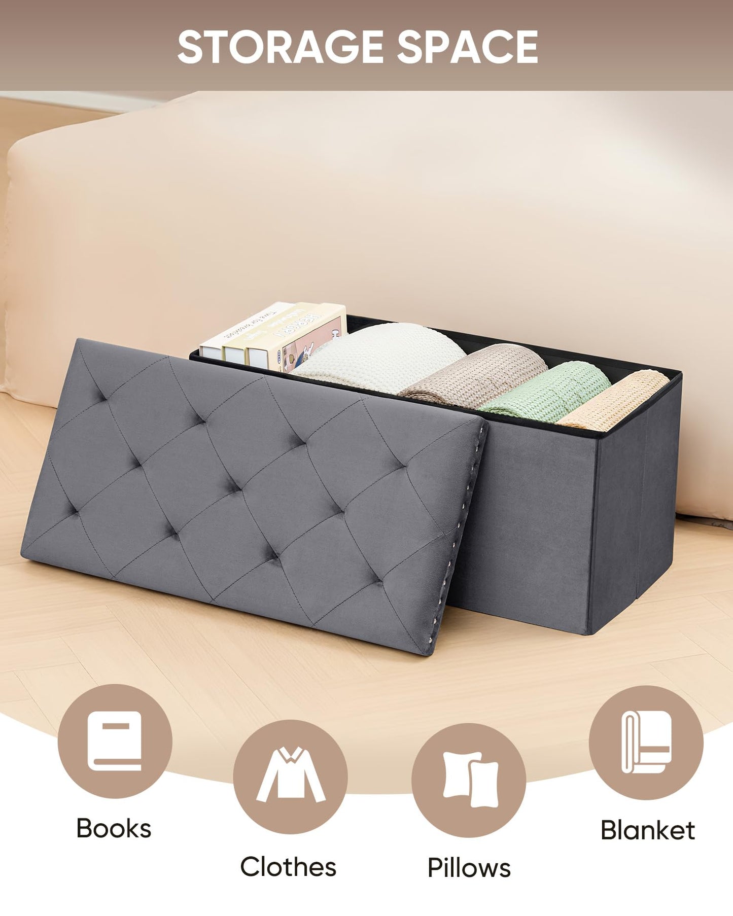 Bonlife Velvet Ottoman with Storage,Large Storage Boxes with Lids,Folding Ottoman Bench Seat,Footstool for Living Room,76x38x38cm,Grey