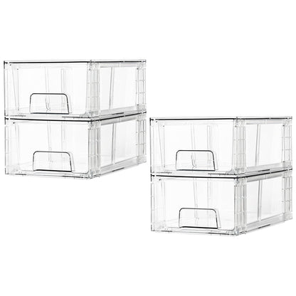 Vtopmart 4 Pack Stackable Storage Drawers,Clear Acrylic Drawer Organizers with Handles, Easily Assemble Containers for Fridge, Bathroom,Kitchen