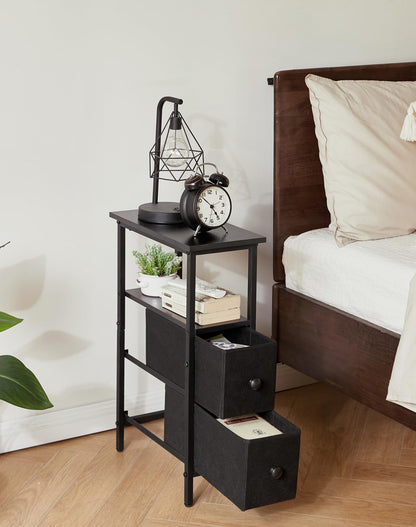 YMYNY Narrow Side Table Set of 2, Slim Bedside Table with 2 Fabric Drawers, Nightstand for Small Spaces