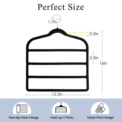 3 Pack Velvet Trouser Hangers - 4-Layer Space Saving Scarf and Jeans Hangers - Wardrobe Organiser and Space Saver Trouser Rack, Leggings Hanger