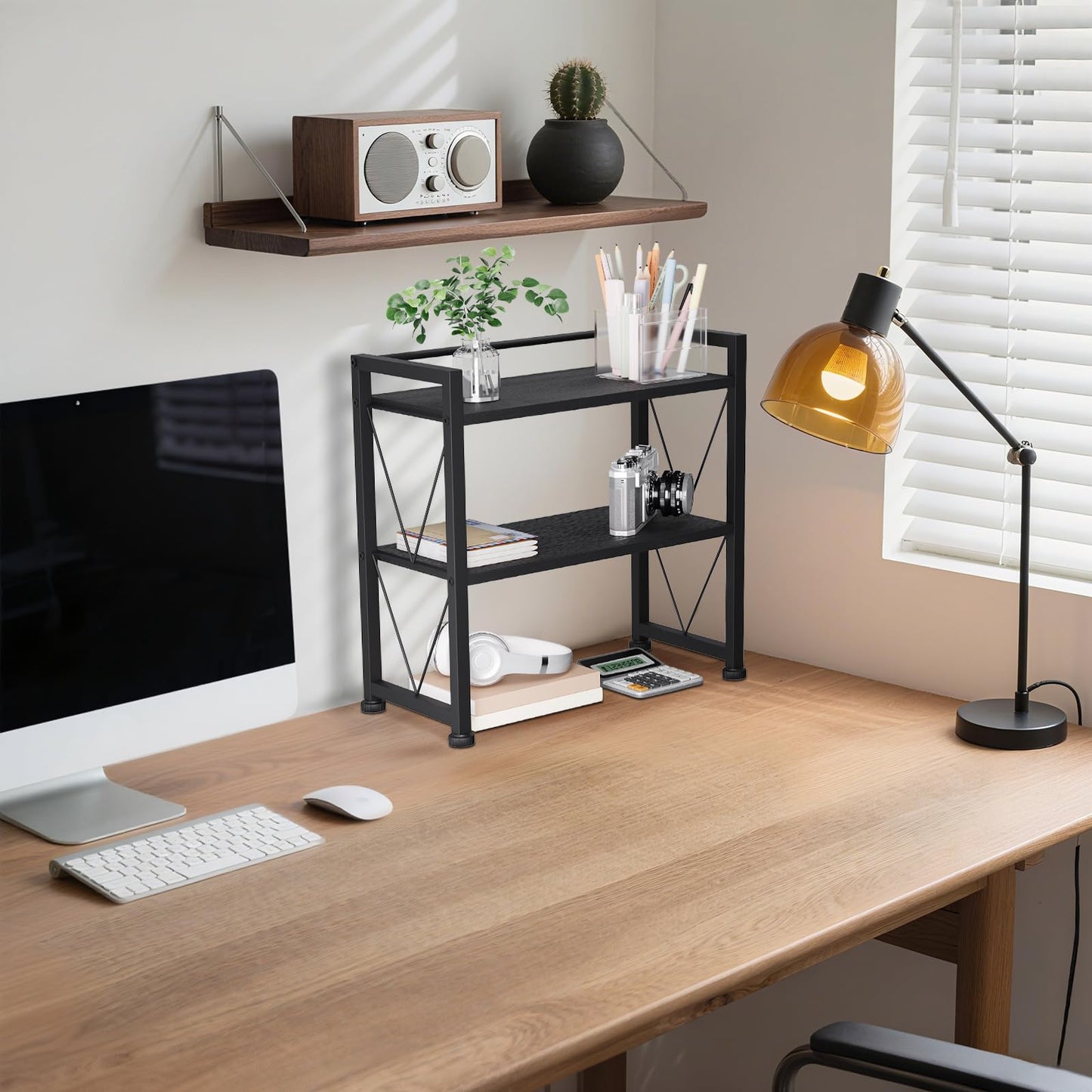 VSIWB Desk Shelf Organiser, 2 Tier Office Shelves, Wood Desk Storage Rack & Freestanding Display Shelf for Office, Dressing Table, Home 41x20x38cm