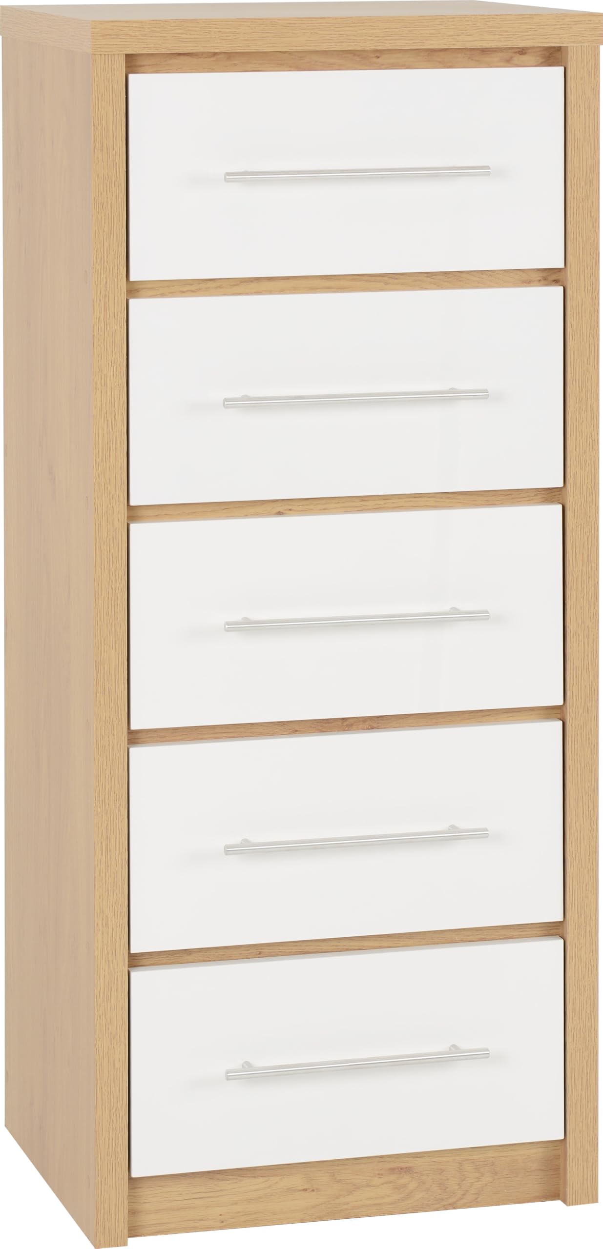 Seconique Seville 5 Drawer Narrow Chest in White Gloss/Light Oak