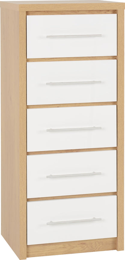 Seconique Seville 5 Drawer Narrow Chest in White Gloss/Light Oak