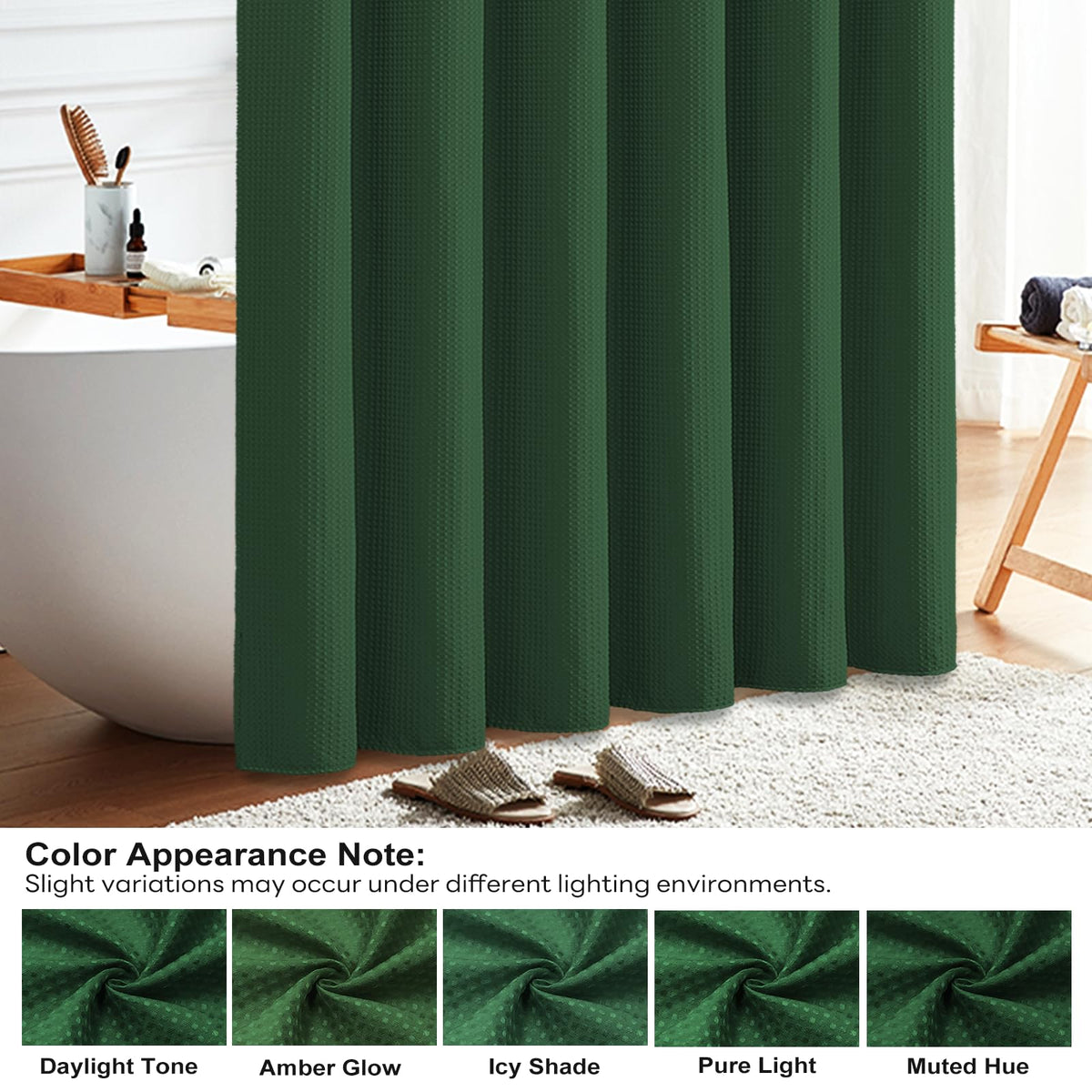 BTTN Waffle Weighted Shower Curtain, Waterproof, 182x182cm, Emerald Green