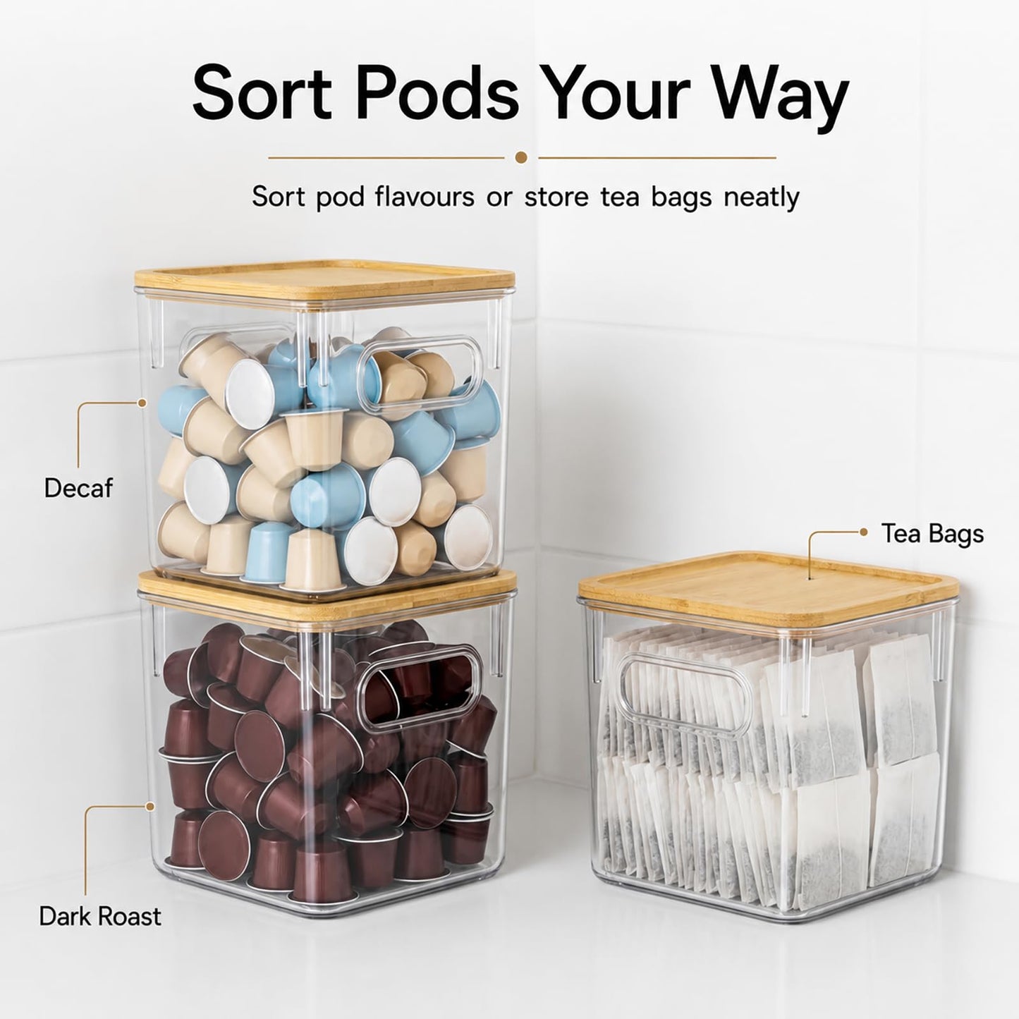 3-Pack Coffee Pod Storage Boxes, Clear & Stackable with Grooved Bamboo Lids