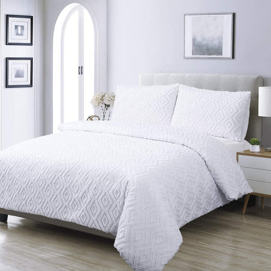 YINFUNG King Size Duvet Cover Sets White Bedding 3 Pieces Tufted Geometric Quilt Cover with 2 Pillowcases Easy Care (White King 230220cm+5075cmx2)
