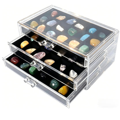 Dmnnlp Rock Display Case, 3 Drawers 54 Grids Rock Collection Box, Storage Cases for Gemstone Fossil Crystal Stone Jewellery (Black)