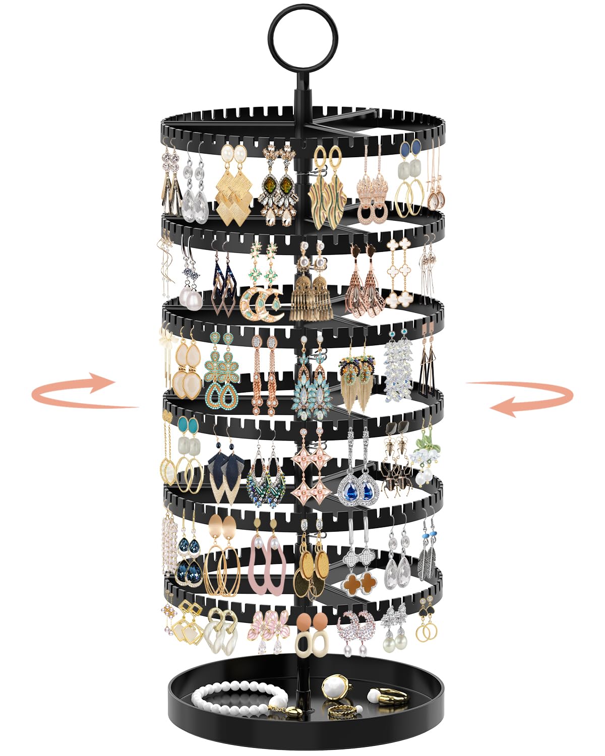iDavosic.ly 6 Tier Rotating Earring Holder Organizer with Metal Tray, Black