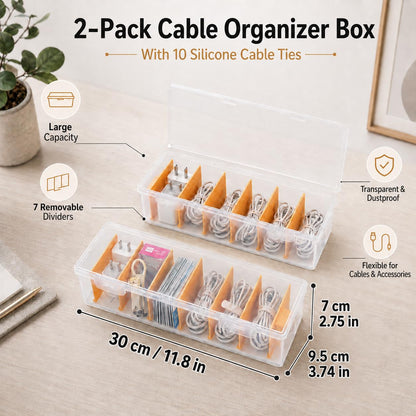 SKNC 2 Pcs Cable Storage Box with Lid, Cable Management Box with 7 Adjustable Compartments Data Tidy and 10 Cable Ties Reusable,Transparent