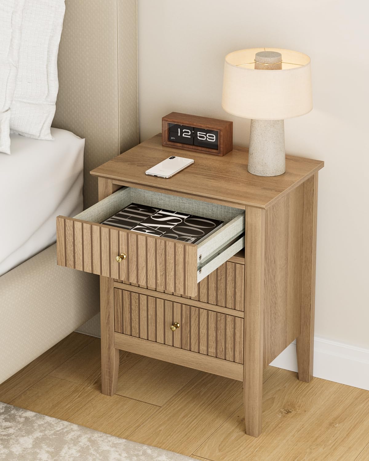 HEYZOEY Oak Finish Bedside Table, 3 Fluted Drawers, Country17.8×13.3×24 in