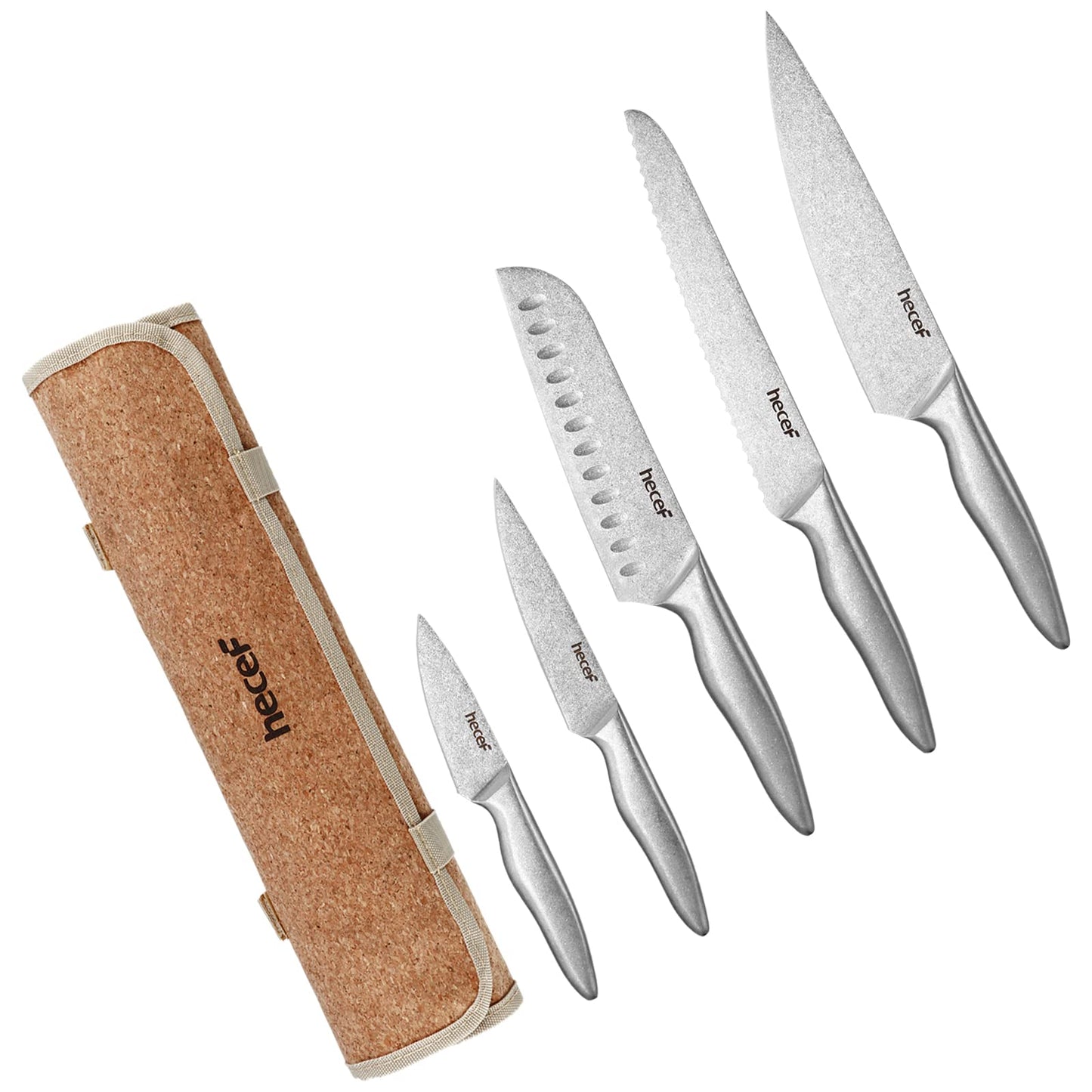 hecef Kitchen Knife Set with Roll Bag, German High Carbon Stainless Steel Blades ? Sharp Chef Knives with Sheaths, Ergonomic Handles, Ideal for Home