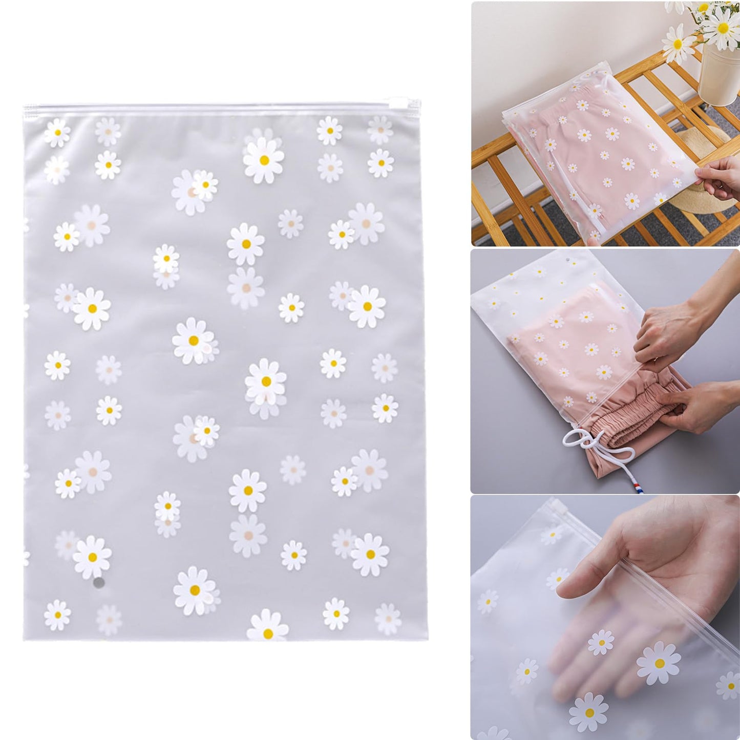 Boxonly Daisy Zipper Storage Bags, Reusable Waterproof PEVA Plastic Pouches for Clothes, Shoes, Toiletries - 12" x 16" / 30 x 40 cm - 12 Pcs