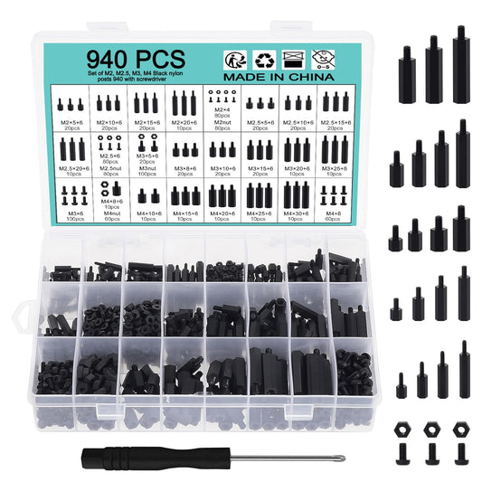 WiMas 940PCS Nylon Hex Standoff Spacer Screw Nut Threaded Pillar Standoff Screws Assorted Assortment Set M2 M2.5 M3 M4 for DIY PCB Board Motherboard