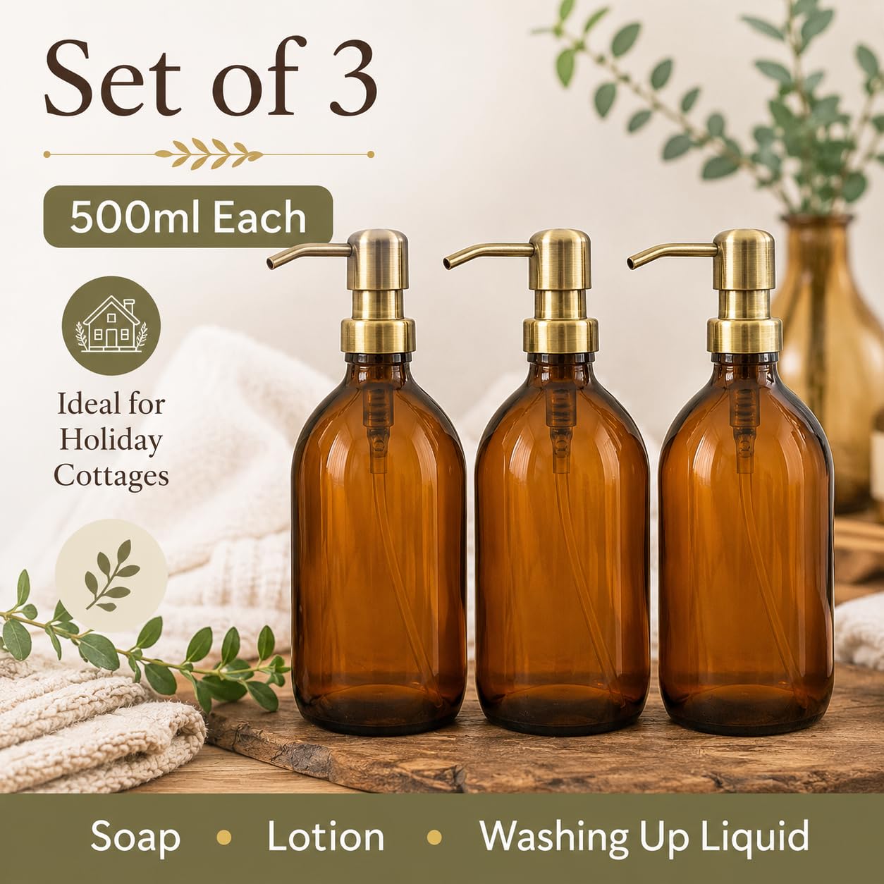 Amber Glass Bottles 500ml Soap Dispenser with Metal Pump (BPA-Free) Brown Glass Empty Soap Dispensers – Reusable Refillable Eco friendly