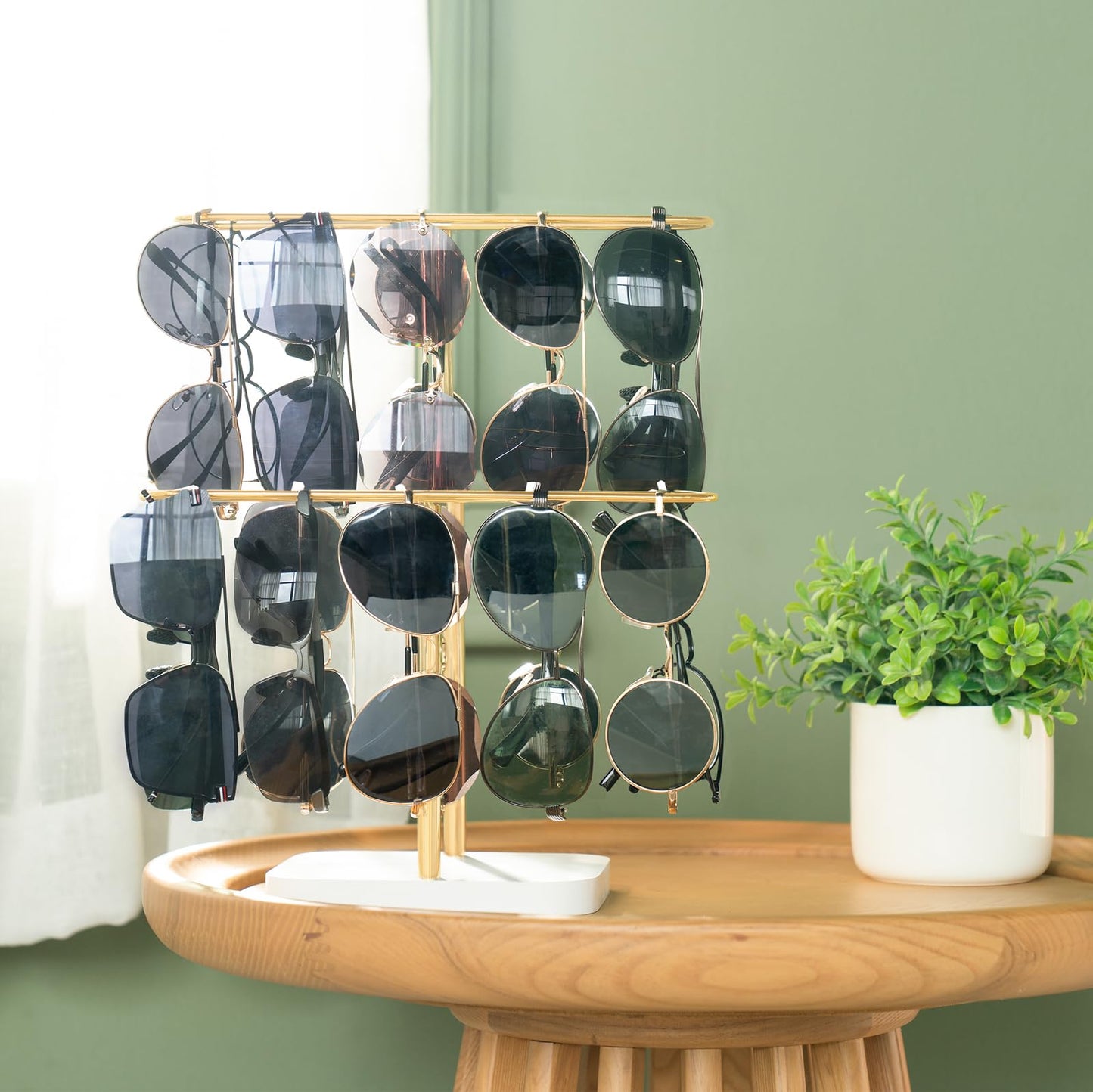 Mkono Sunglasses Organizer Glasses Holder Stand for 24 Pairs of Eyewear, 2 Tier Sunglass Storage Eyeglasses Display Rack Metal Frame with Wood Base