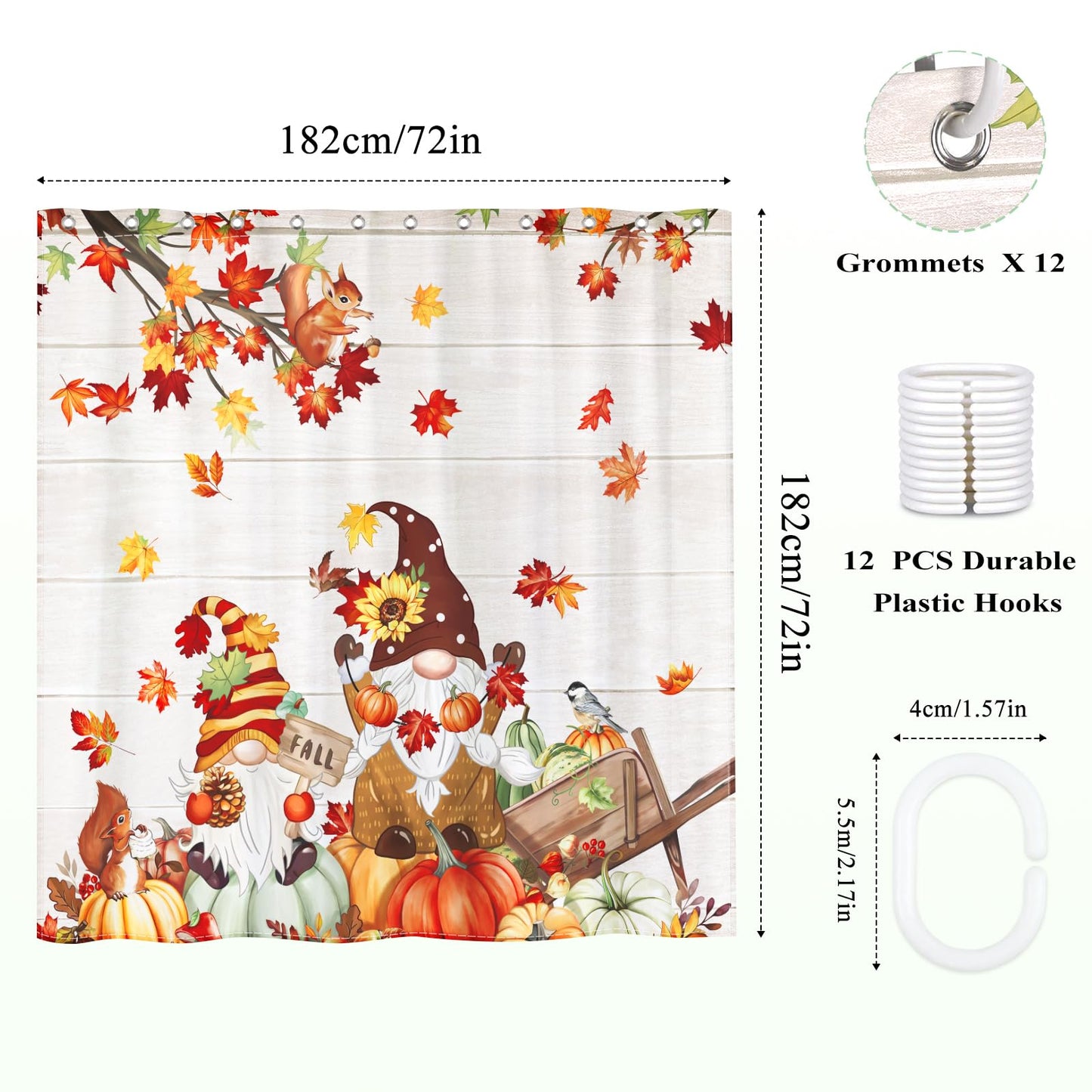 Arquiel Fall Pumpkin Gnome Shower Curtain Sets, Waterproof Polyester Fabric Shower Curtains With 12 Hooks for Bathroom Home Decoration