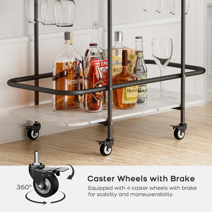 DAWNYIELD 2 Tier Mobile Bar Serving Cart, Drinks Trolley on Wheels, Black