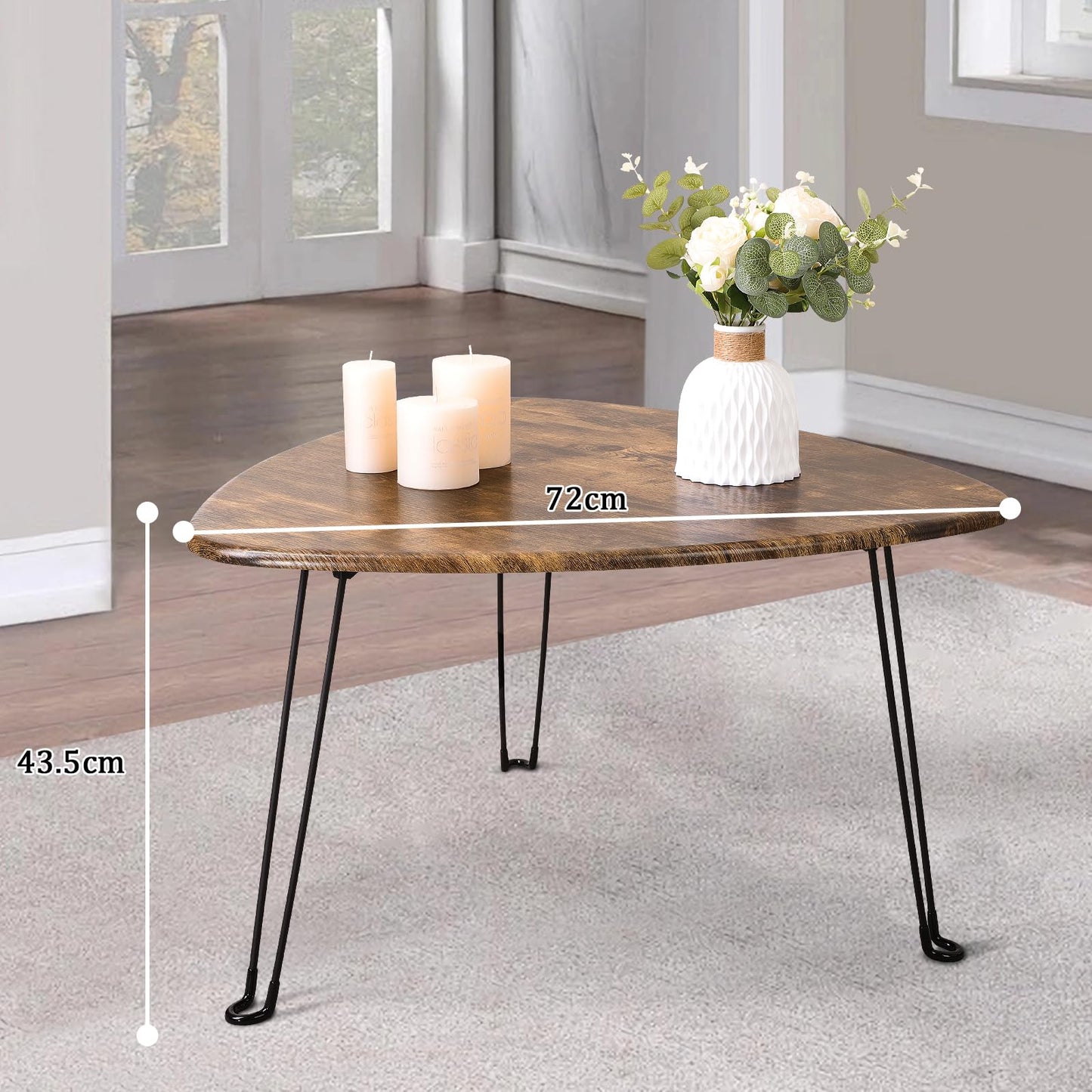 FEUFOAM Folding Coffee Table Triangle Designs Oval Coffee Tables Mid Century Wooden Triangular Accent Table with Metal Legs Foldable Industrial Sofa