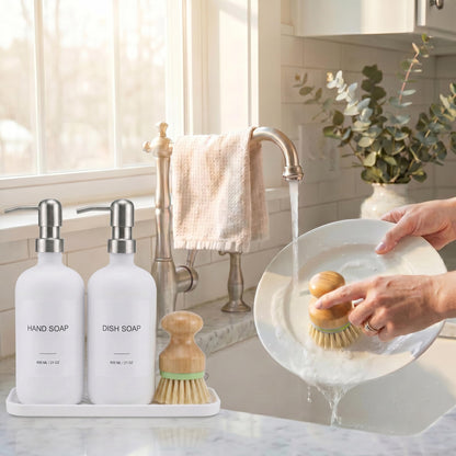 Hand & Dish Soap Dispenser with Dish Brush, Washing Up Liquid Dispenser Set 600ml, PET Plastic Bottle with Stainless Steel Pump