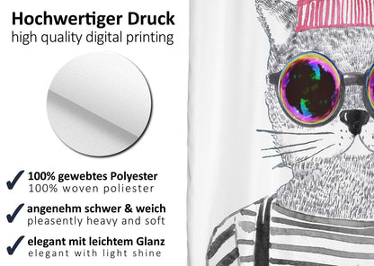 arteneur® - Hipster Cat from Berlin - Anti-Mould Shower Curtain 120 x 180 cm - Recycled with Oeko-Tex Standard 100 - Weighted Hem, Opaque, Waterproof