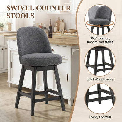Bar Stools Set of 4, 360° Swivel Counter Stools with Upholstered Seat, Wooden Frame & Nailhead Trim