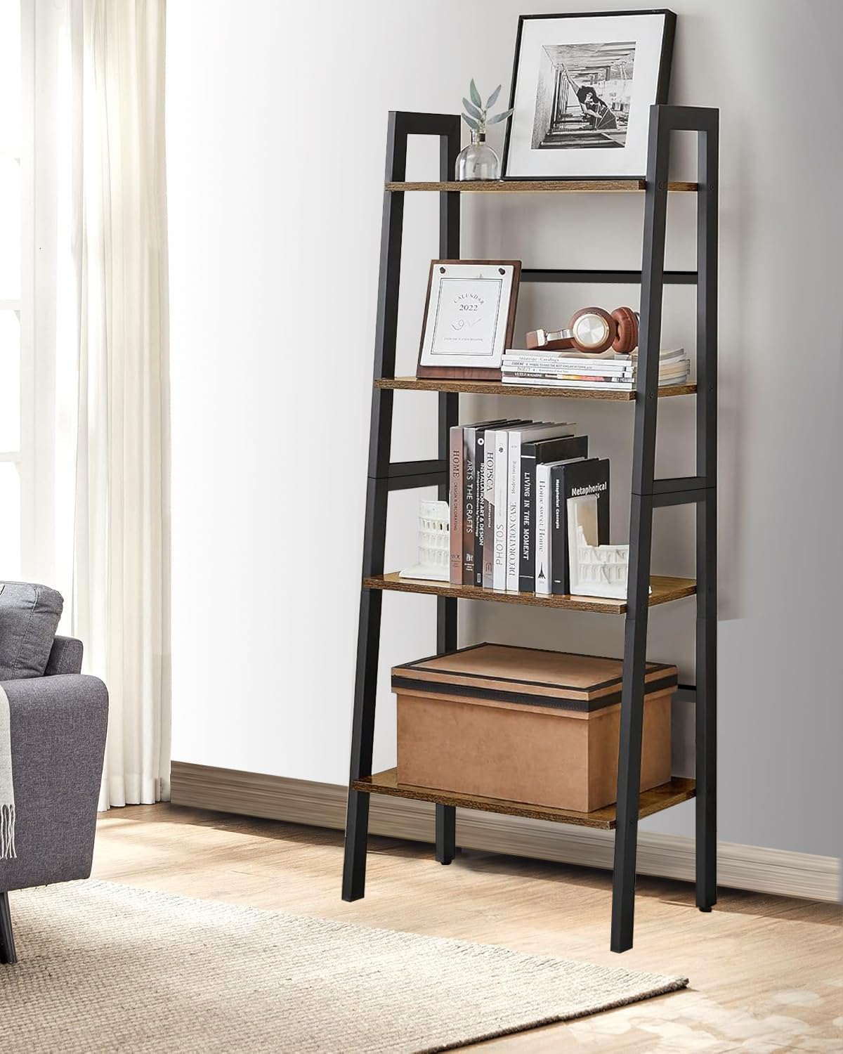 OYE 2 in 1 Bookcase with 4 Tiers, Ladder Shelf with 4 Shelves, Freestanding Plant Flower Stand, Standing Shelf for Living Room, Bedroom, Kitchen