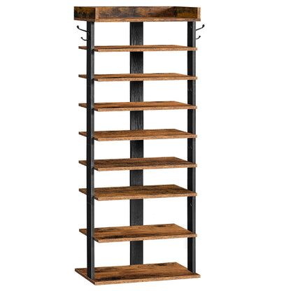 HOOBRO Narrow 9-Tier Tall Shoe Rack, Wooden Storage Organizer With 2 Hooks, Slim Shelf, Vertical Tower for Entrance, Industrial