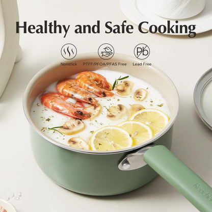 Redchef Ceramic Nonstick Saucepan with Lid,18cm Small Cooking Pot, Non Toxic Sauce Pans for Kitchen, Cool Handle PFAS Free Compatible with All