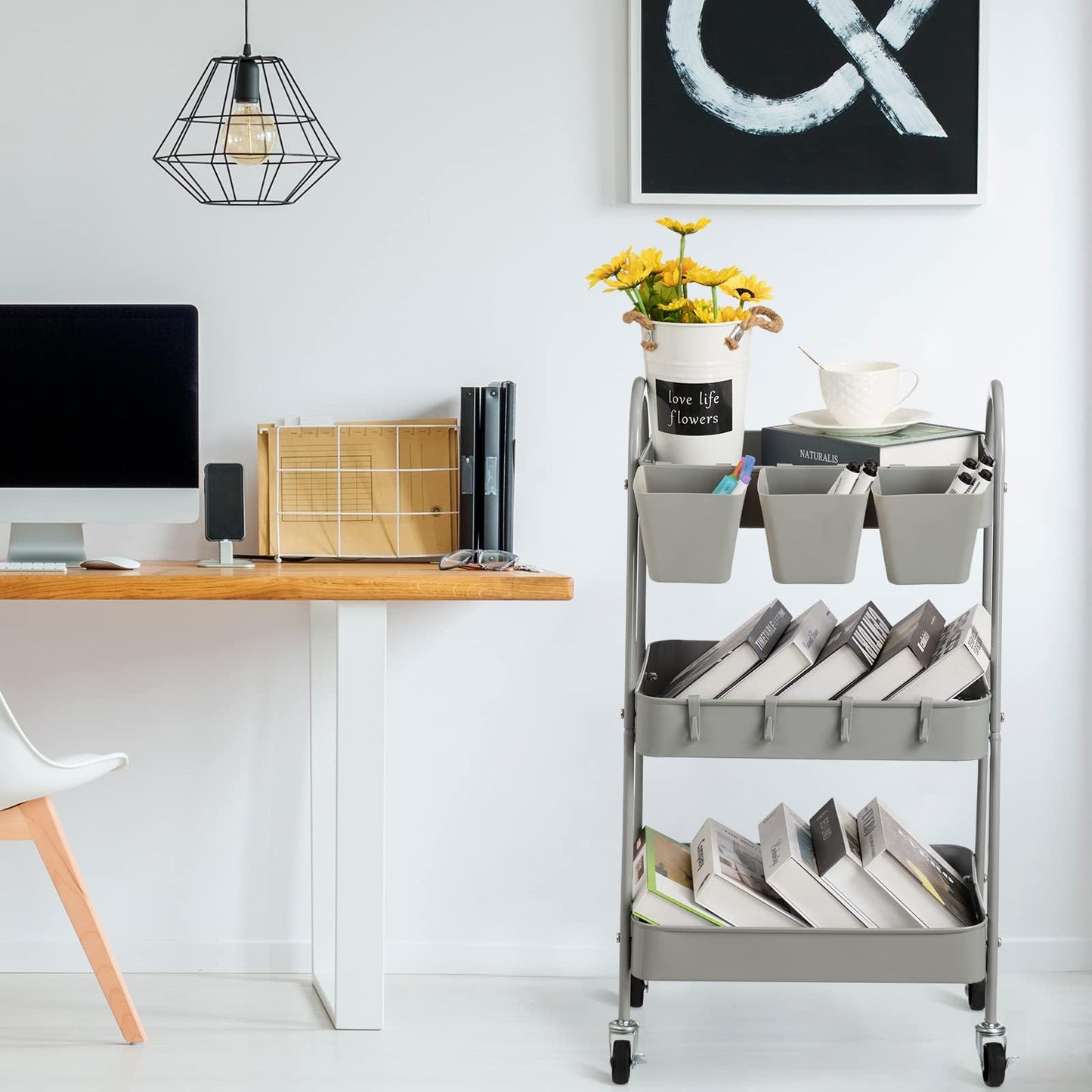danpinera 3-Tier storage trolley, Metal storage cart with Lockable Wheels & Hanging Cups & Hooks, storage trolley on wheels for bathroom, kitchen