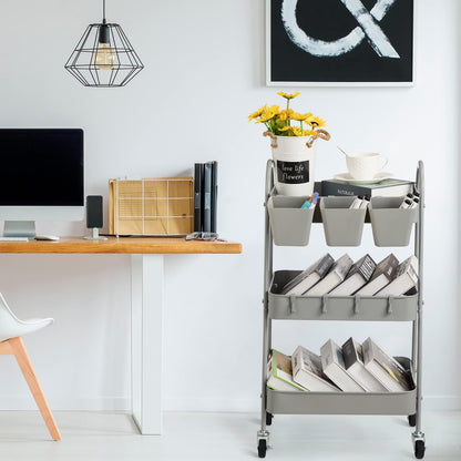 danpinera 3-Tier storage trolley, Metal storage cart with Lockable Wheels & Hanging Cups & Hooks, storage trolley on wheels for bathroom, kitchen