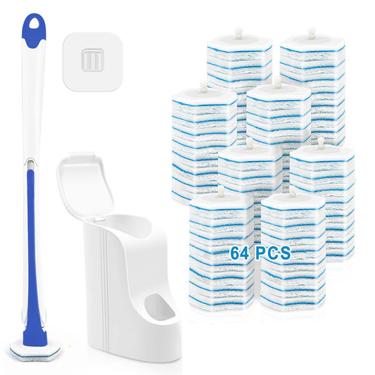 JEHONN Disposable Toilet Brush and Holder Set with 64 Cleaner Refills, Wall Mounted Bathroom Bowl Cleaning Wand System for Bathtub Sink Wash Basin