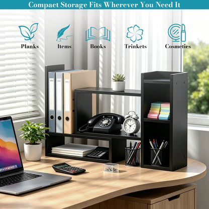 Rivosar Wooden Desktop Bookshelf, Expandable Desk Shelf with Storage Unit
