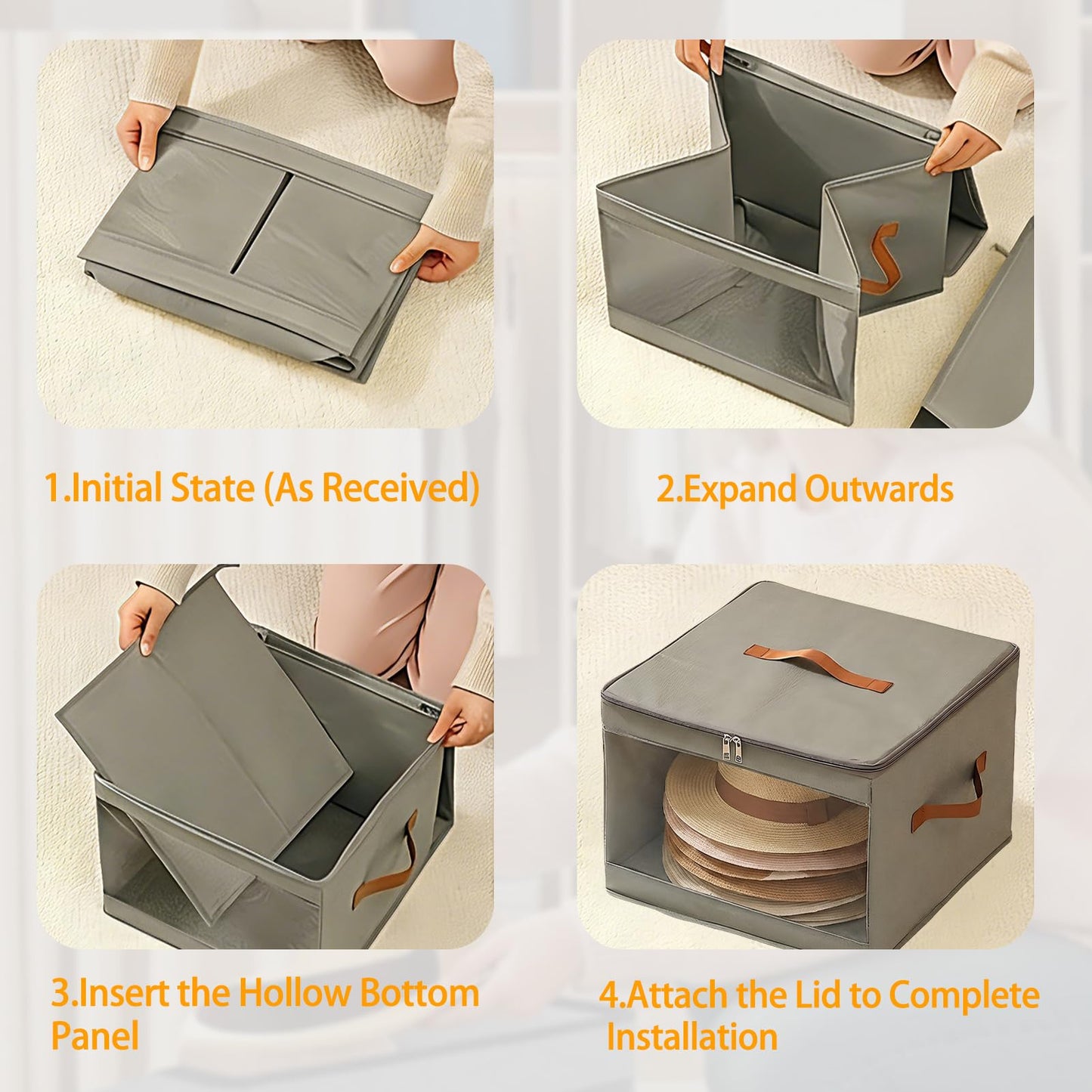 HonorHut 2 PCs Foldable Hat Storage Box with Carry Handles Grey 35×35×25 cm